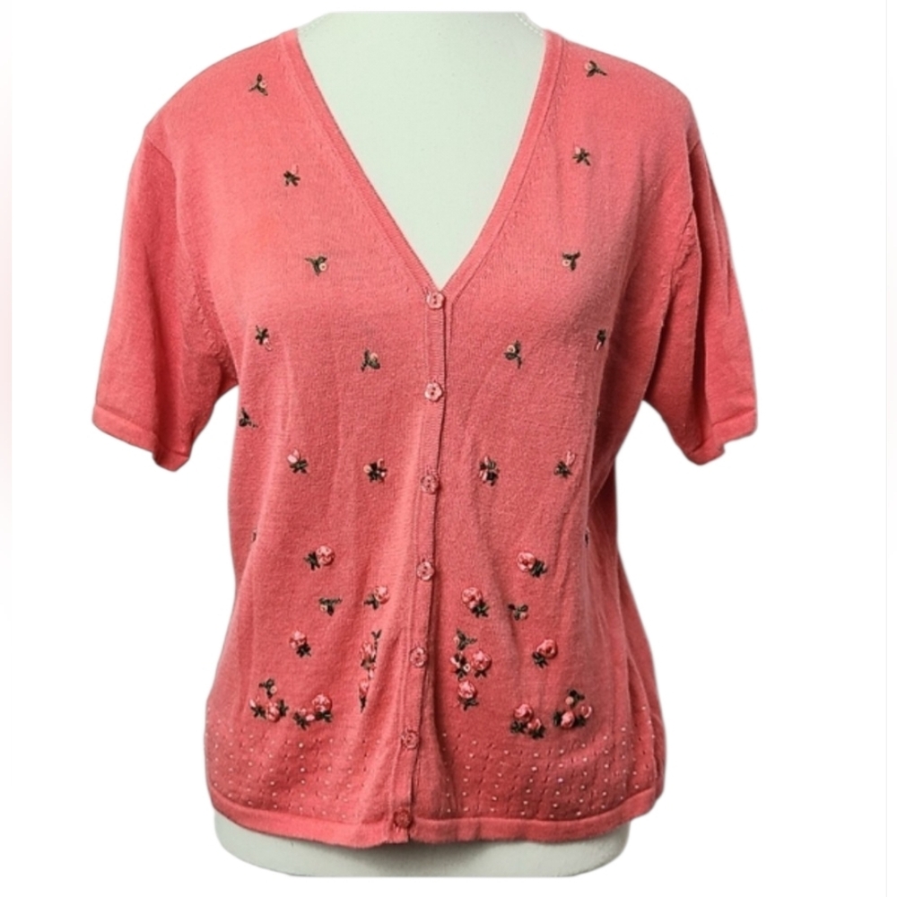 R&K Vintage Embroidered Salmon Pink Knit Blouse Size 10 Cottagecore Coquette